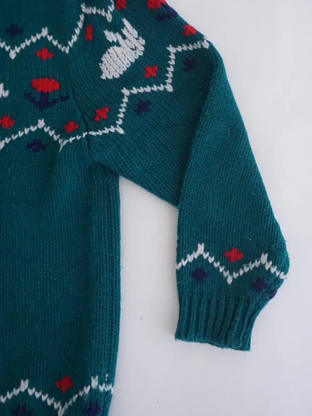 Vintage Bryn Connelly Green Bunny 15% Wool Fair Isle Knit Collared Sweater L - Picture 4 of 10